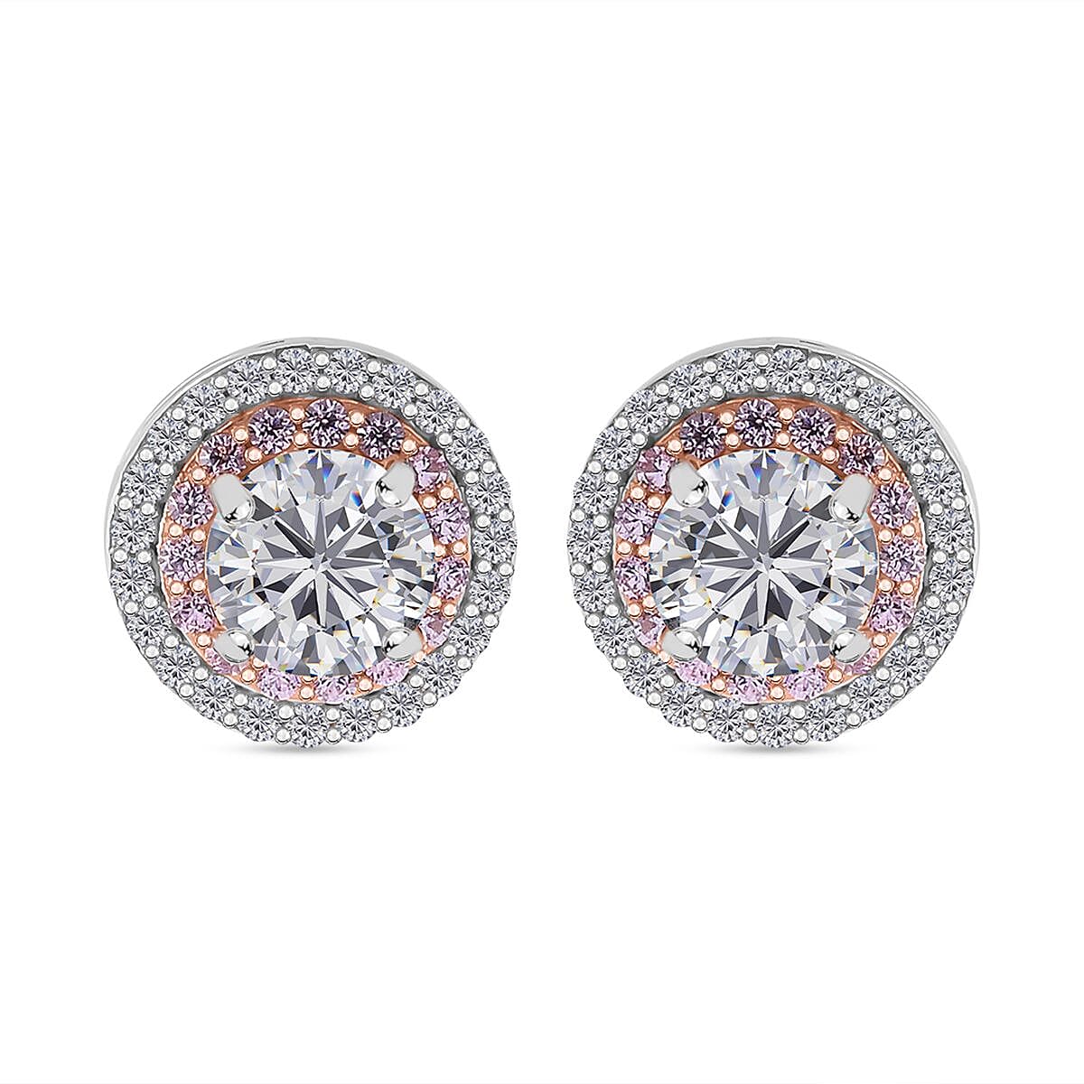 NY Closeout - White Cubic Zirconia, Pink Cubic Zirconia Earrings With Push Back in Rhodium & Rose Gold Overlay Sterling Silver 1.70 Ct.