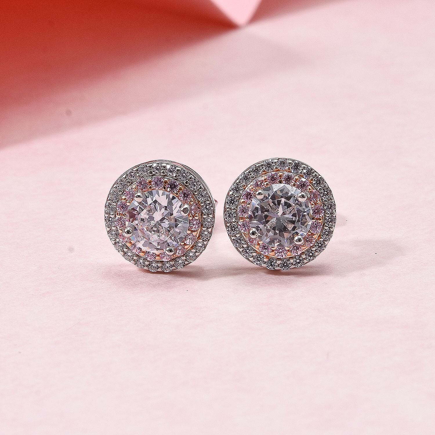 NY Closeout - White Cubic Zirconia, Pink Cubic Zirconia Earrings With Push Back in Rhodium & Rose Gold Overlay Sterling Silver 1.70 Ct.