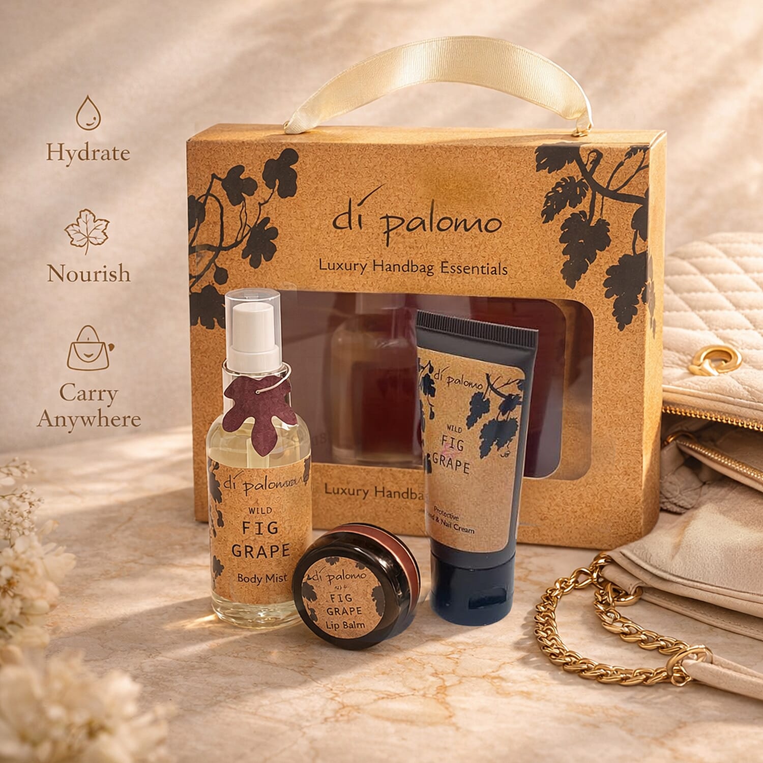 Di Palomo - Fig & Grape - Luxury Handbag Essentials - (Includes 60ml Body Mist, 30ml Hand & Nail Cream & 10ml Lip Balm - Hand Sanitiser 30ml)
