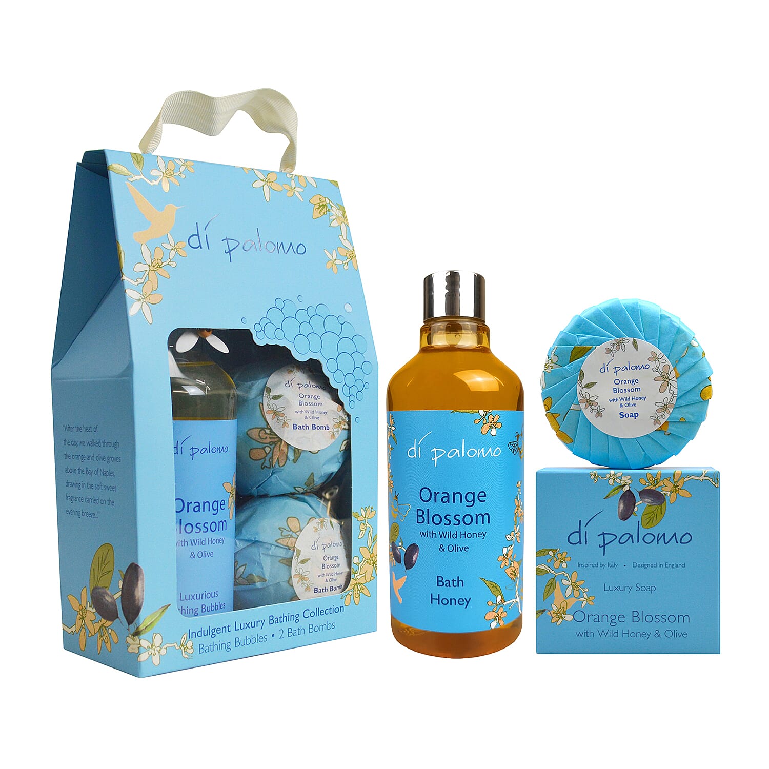 Di Palomo - Orange Blossom - Luxury Bathing Collection (Includes Bath Honey 300ml, 100g Soap, Bathing Bubbles 300ml and 2 x Bath Bombs)