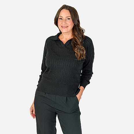 Classic Textured Jumper with Knitted Collar (Size 12) - Black