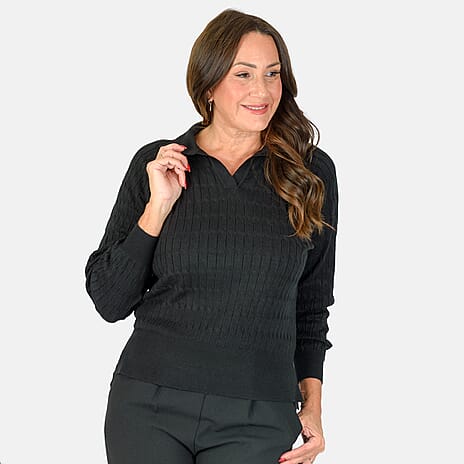 Classic Textured Jumper with Knitted Collar (Size 12) - Black