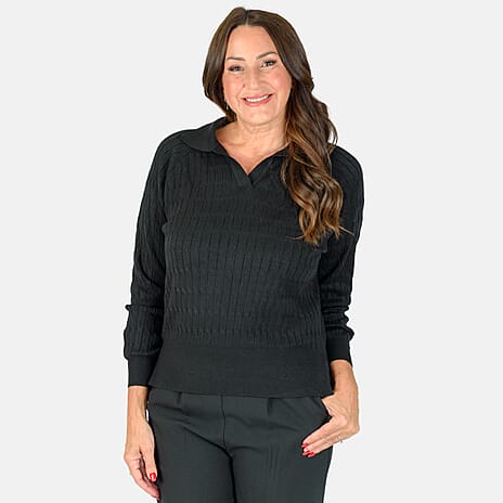 Classic Textured Jumper with Knitted Collar (Size 12) - Black