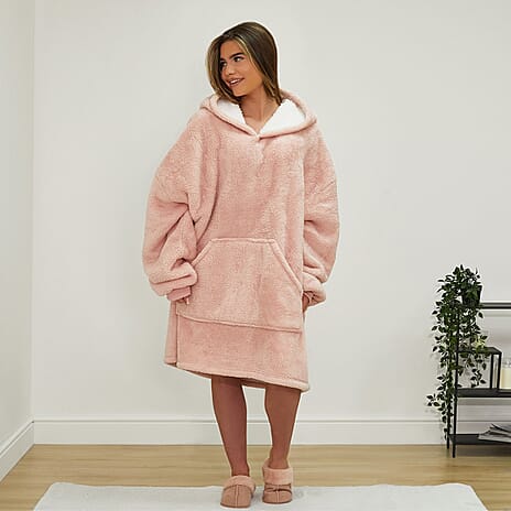Teddy Fleece Sherpa Reverse Hoodie Blanket (One Size) - Blush Pink