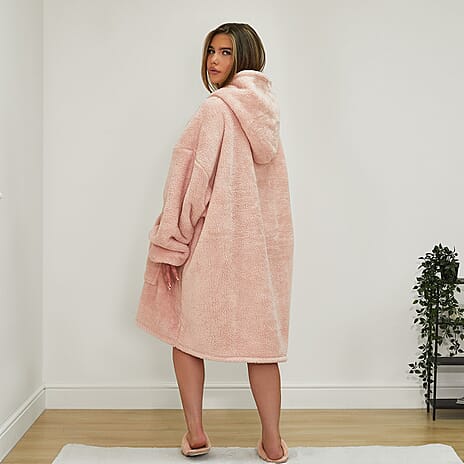 Teddy Fleece Sherpa Reverse Hoodie Blanket (One Size) - Blush Pink