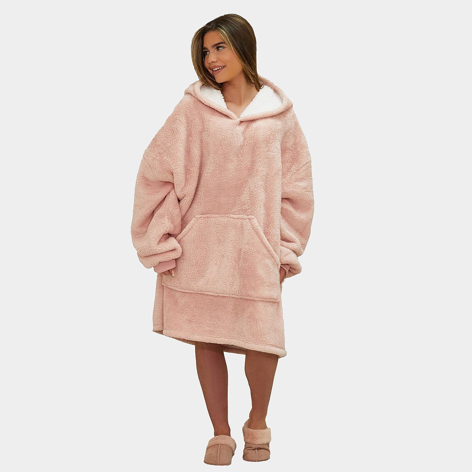 Teddy Fleece Sherpa Reverse Hoodie Blanket (One Size) - Blush Pink Teddy Fleece Sherpa Reverse Hoodie Blanket (One Size) - Blush Pink