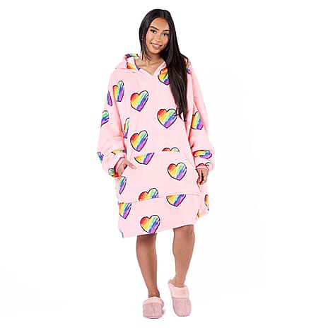 Rainbow Heart Printed Hoodie Blanket (One Size) - Blush Pink