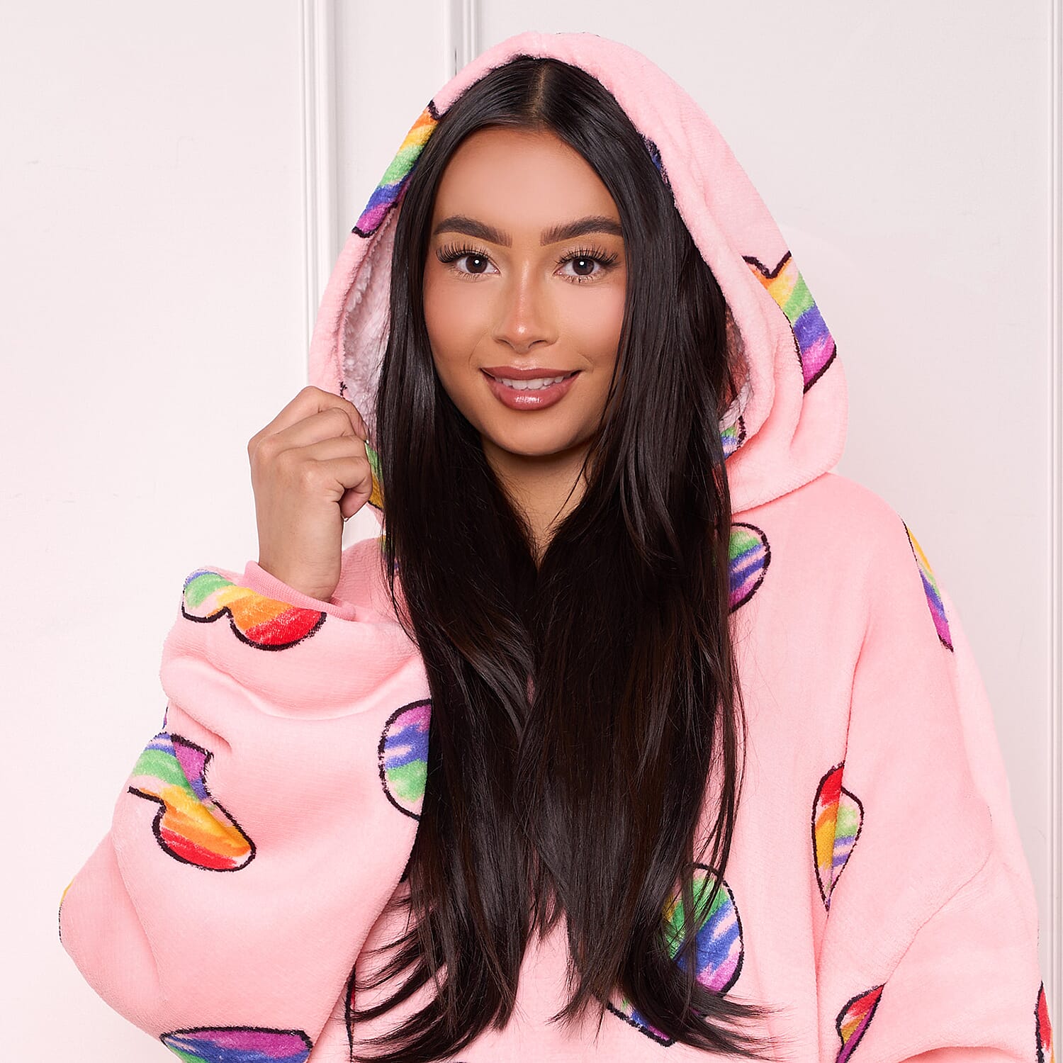 Rainbow Heart Pattern Hoodie Blanket (One Size) - Pink Rainbow Heart Pattern Hoodie Blanket (One Size) - Pink