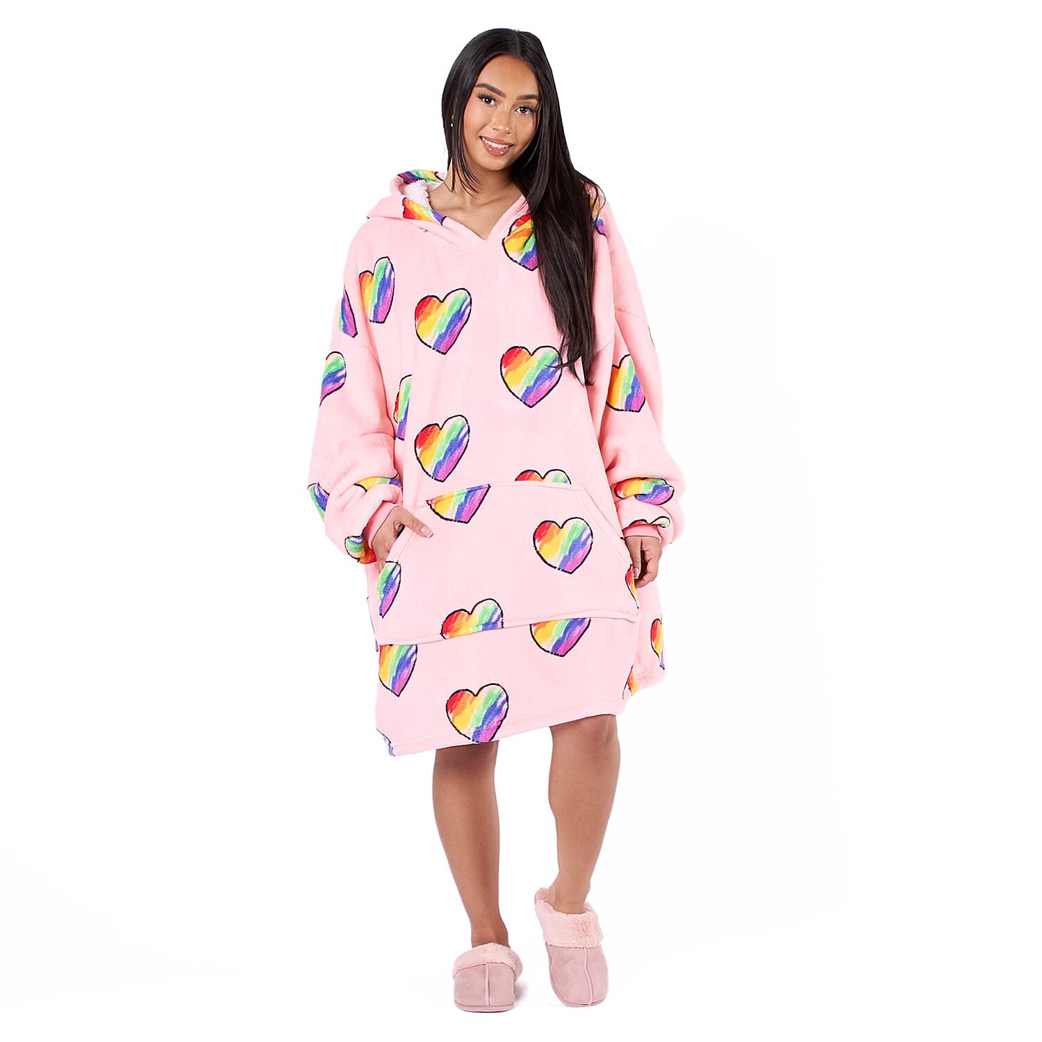 Rainbow Heart Pattern Hoodie Blanket (One Size) - Pink Rainbow Heart Pattern Hoodie Blanket (One Size) - Pink