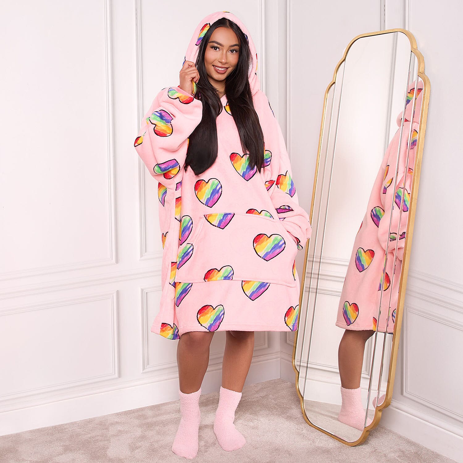 Rainbow Heart Pattern Hoodie Blanket (One Size) - Pink Rainbow Heart Pattern Hoodie Blanket (One Size) - Pink