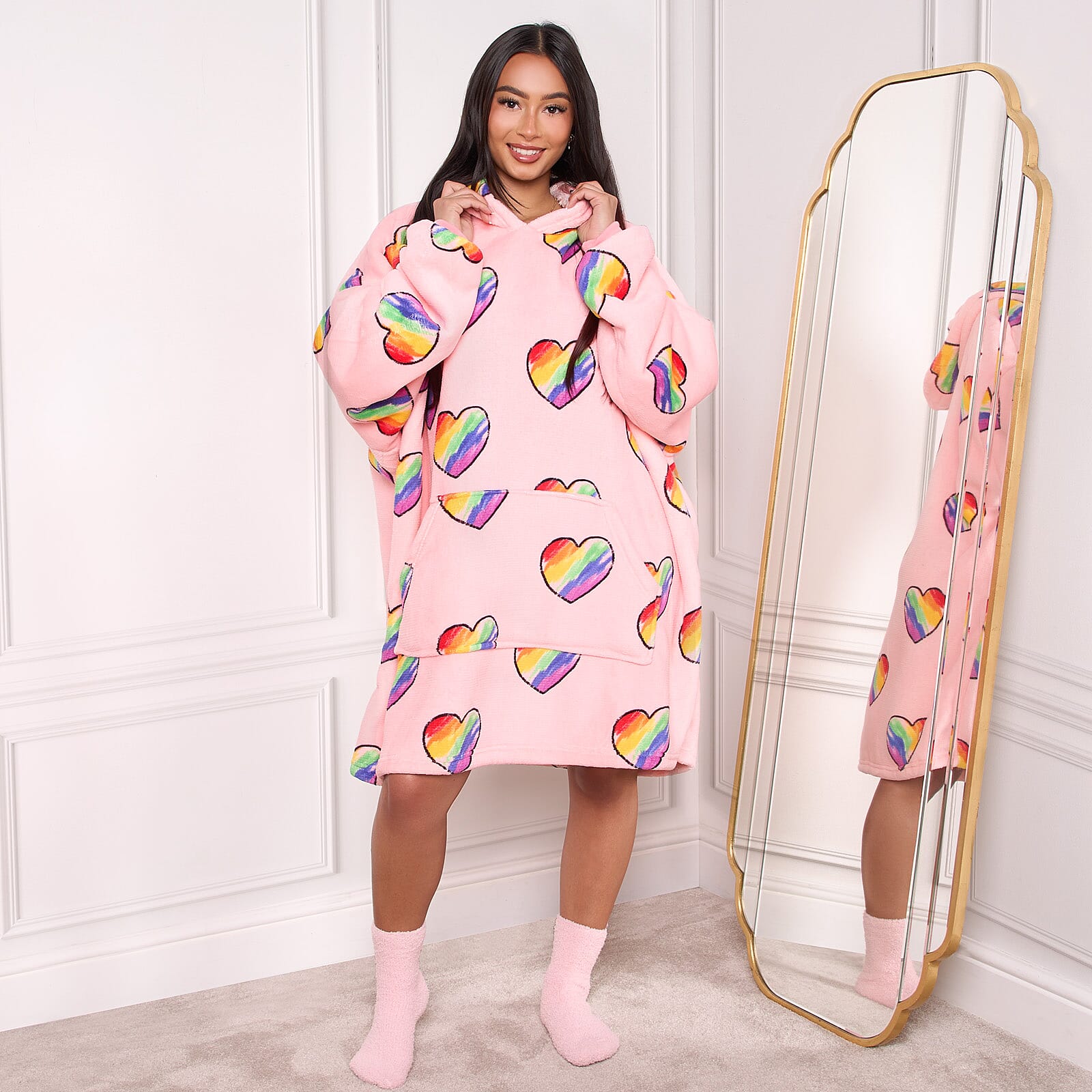 Rainbow Heart Pattern Hoodie Blanket (One Size) - Pink Rainbow Heart Pattern Hoodie Blanket (One Size) - Pink