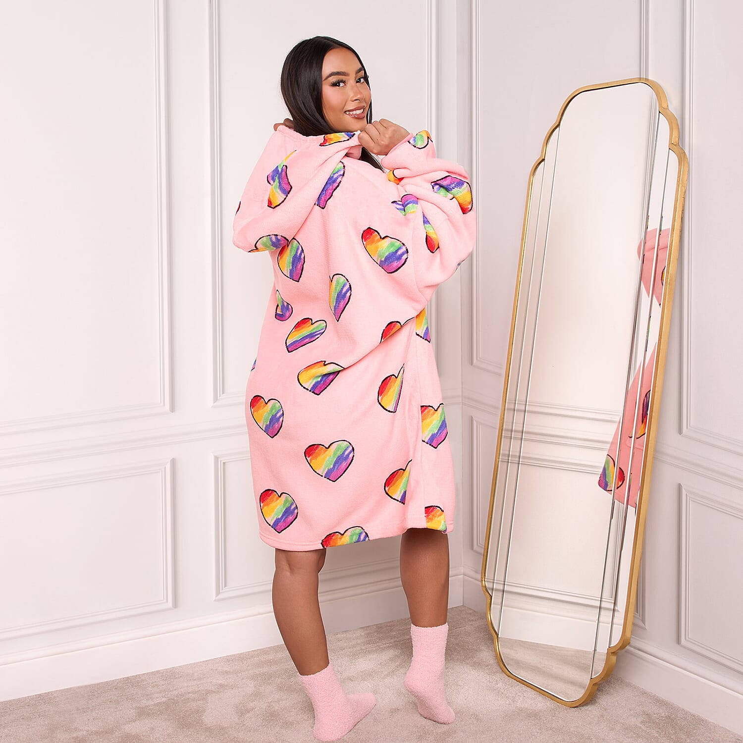 Rainbow Heart Pattern Hoodie Blanket (One Size) - Pink Rainbow Heart Pattern Hoodie Blanket (One Size) - Pink