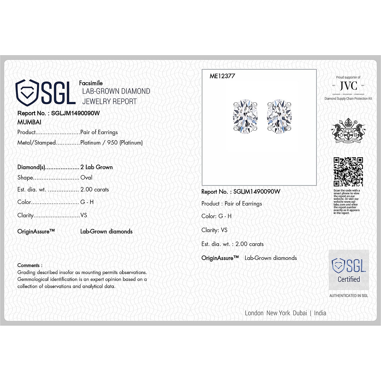 Luxuriant Diamond-2.04 Ct. Lab Grown Diamond Stud Solitaire Earrings in 950 Platinum, SGL Certified