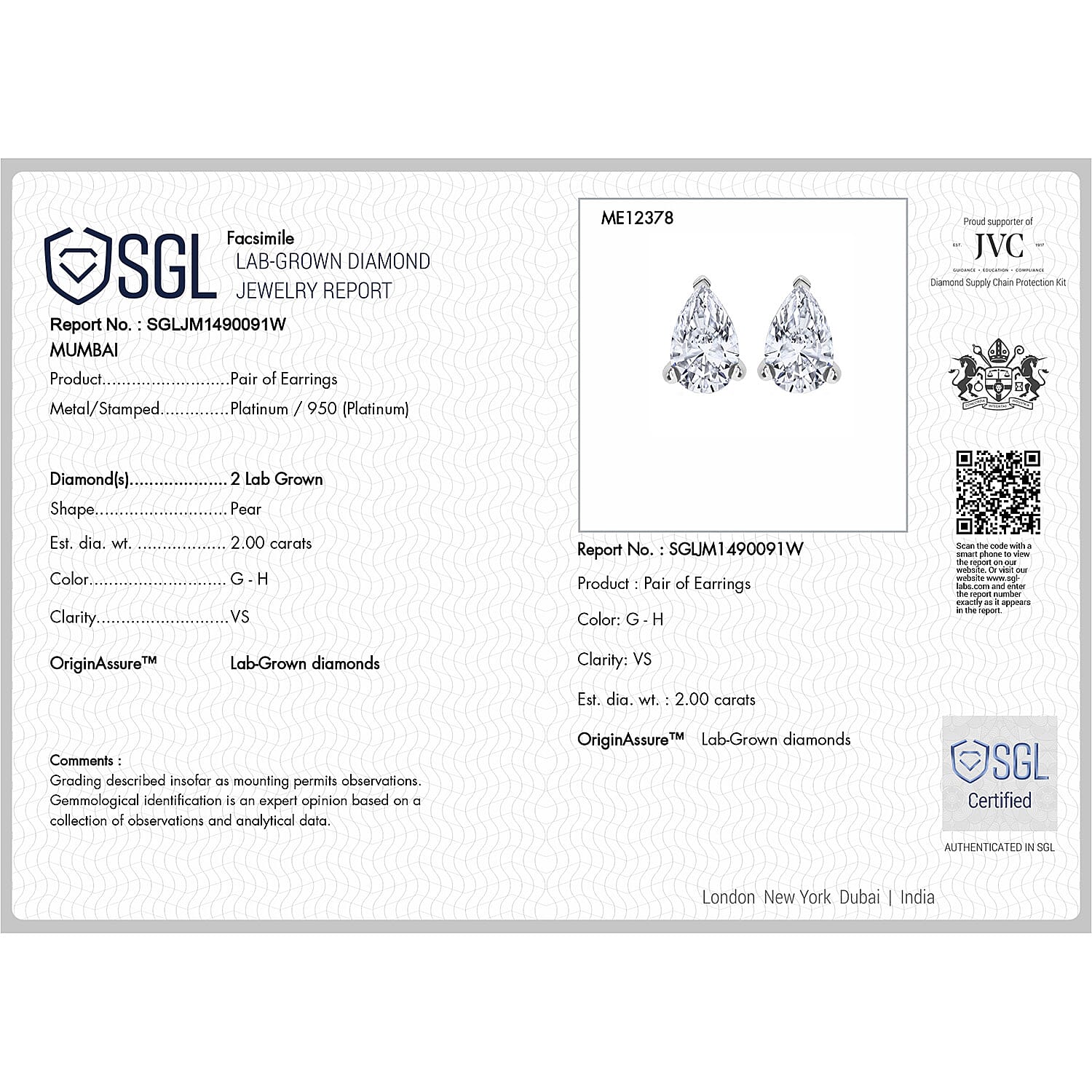 Luxuriant Diamond 950 Platinum SGL Certified Lab Grown Diamond (VS-G-H) Earring With Screw Back 2.0 Ct.