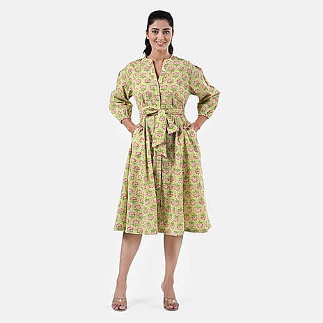 Sukriti 100 % Cotton Hand Block Flower Print Dress with Belt (Size S) - Green with Pink