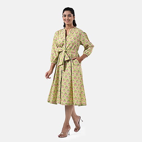 Sukriti 100 % Cotton Hand Block Flower Print Dress with Belt (Size L) - Green with Pink