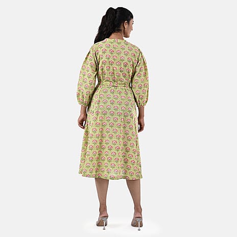 Sukriti 100 % Cotton Hand Block Flower Print Dress with Belt (Size L) - Green with Pink