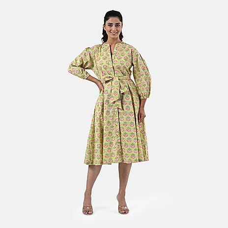 Sukriti 100 % Cotton Hand Block Flower Print Dress with Belt (Size XXL) - Green with Pink