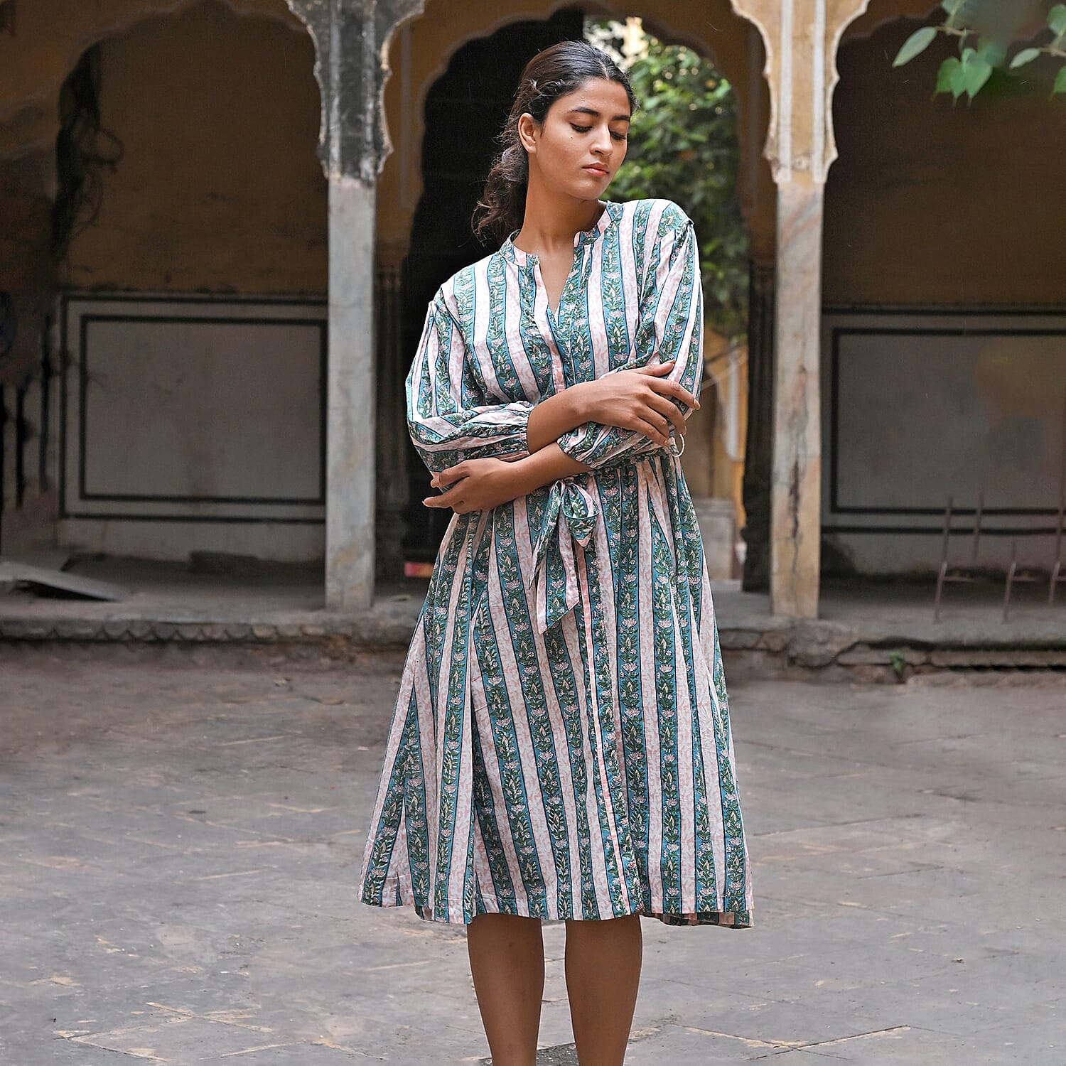 LA Marey Signature Hand Block Printed Pure Cotton Dress with Belt (Size S) - Pink, Blue and Green