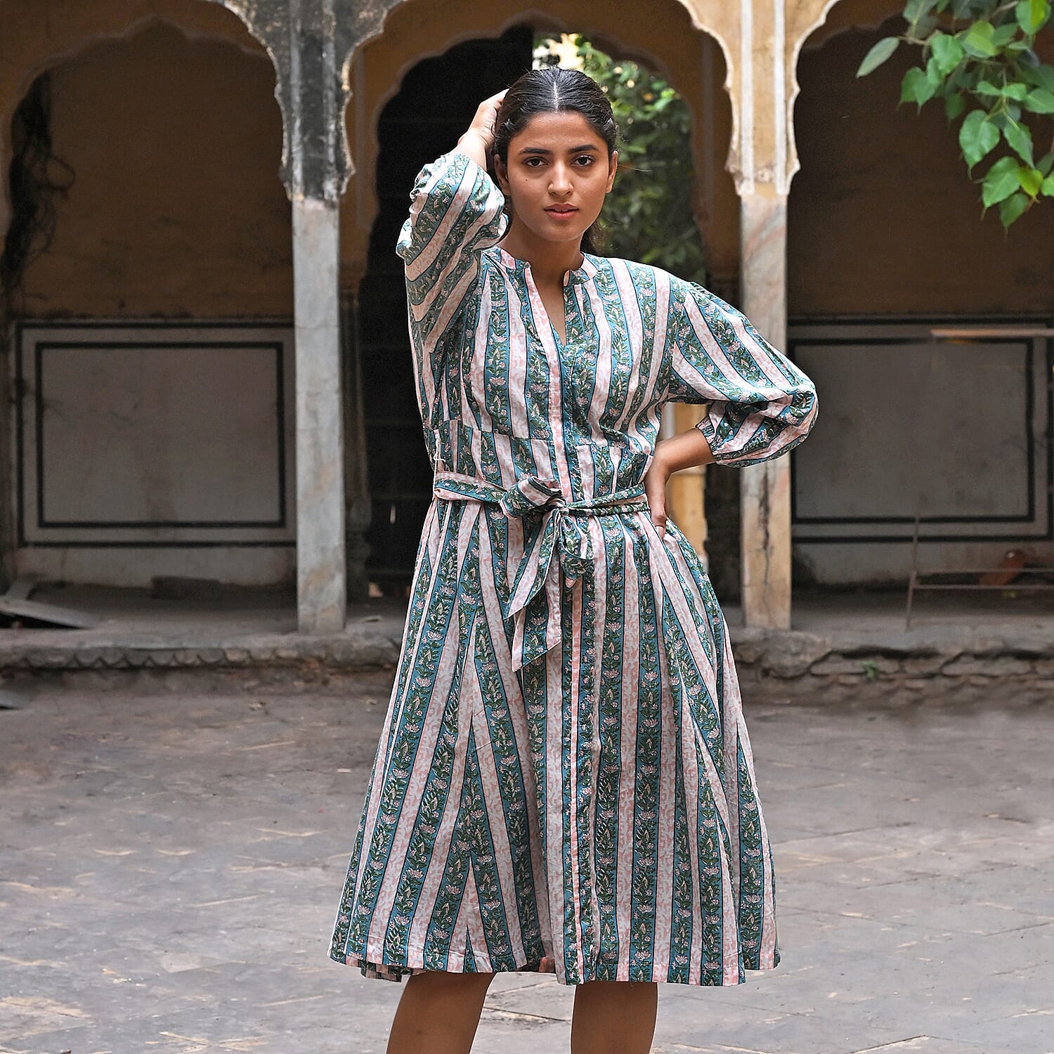 LA Marey Signature Hand Block Printed Pure Cotton Dress with Belt (Size S) - Pink, Blue and Green