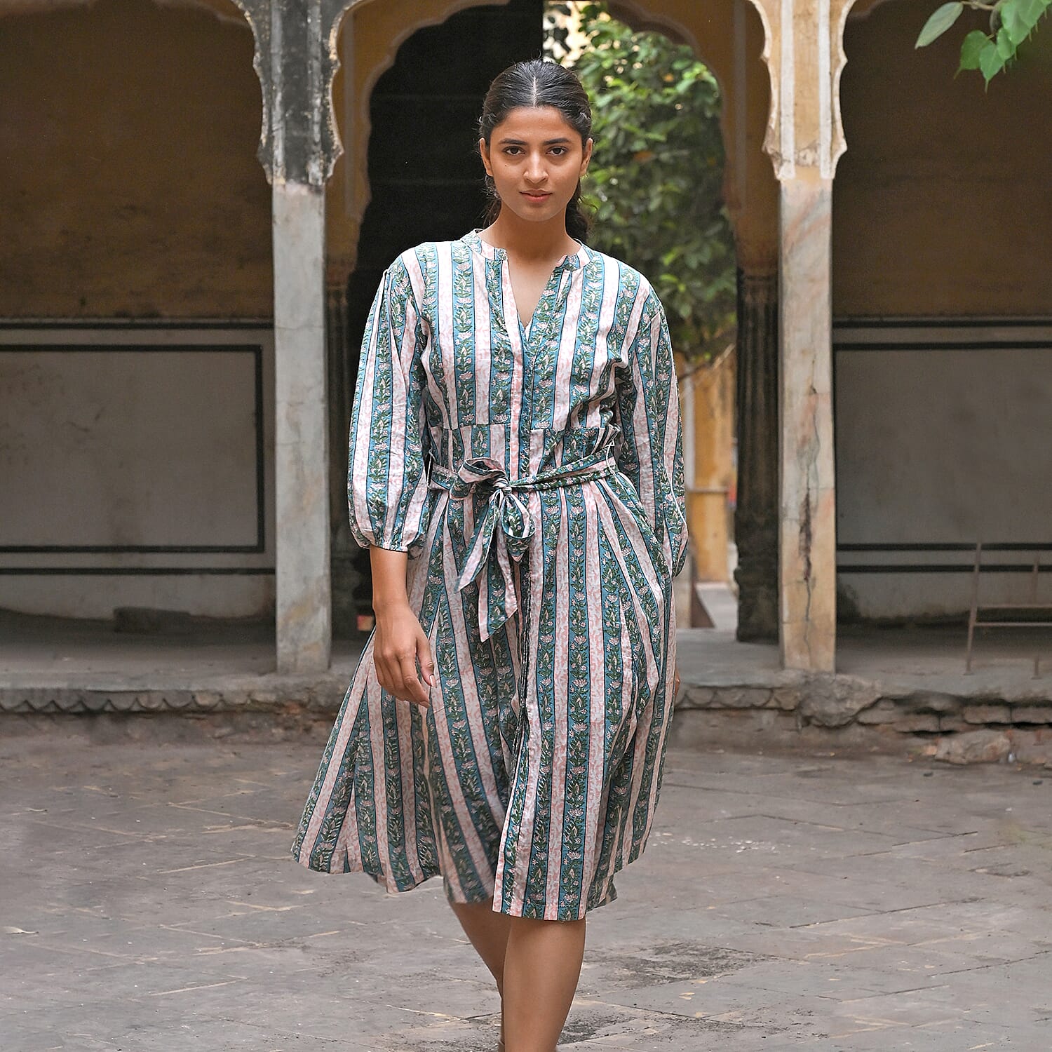 LA Marey Signature Hand Block Printed Pure Cotton Dress with Belt (Size S) - Pink, Blue and Green