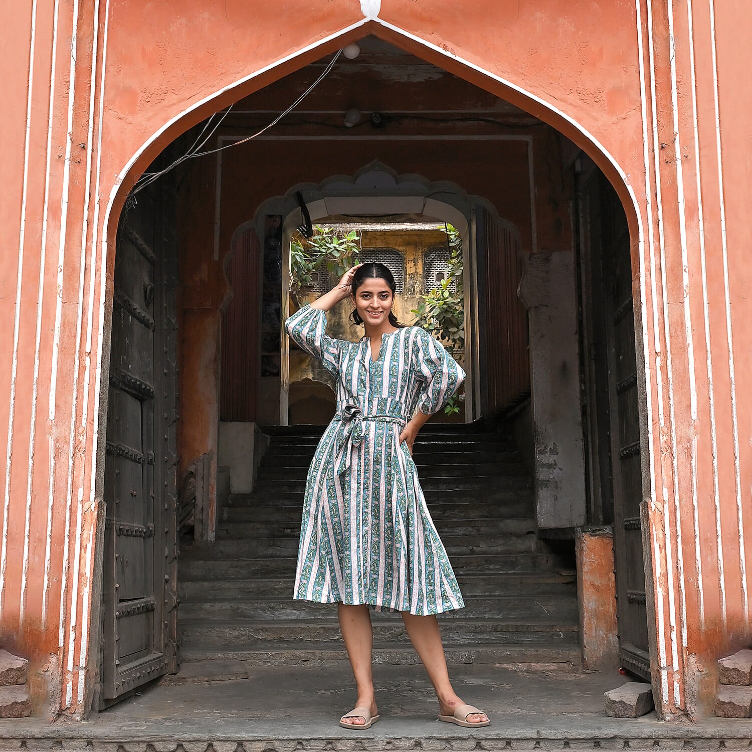 LA Marey Signature Hand Block Printed Pure Cotton Dress with Belt (Size S) - Pink, Blue and Green