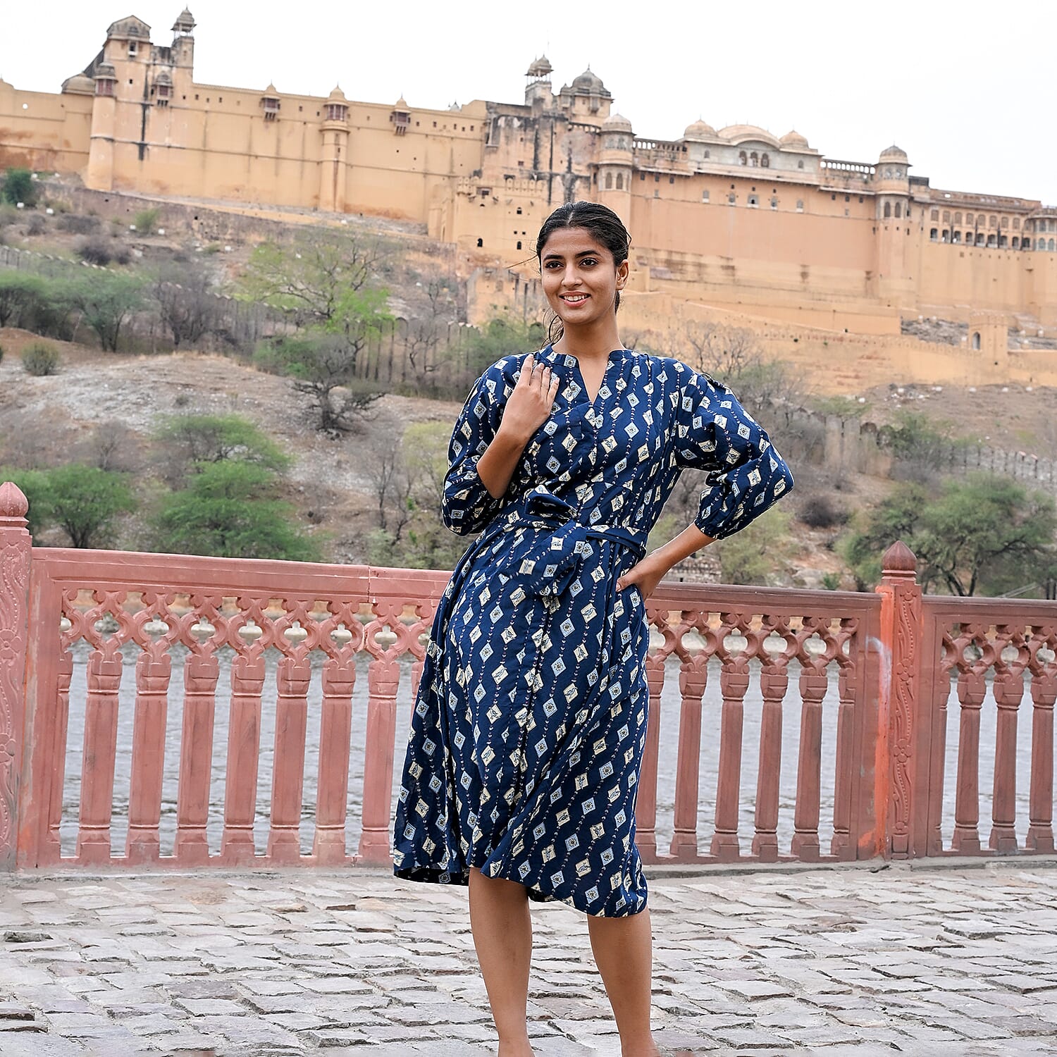 LA Marey Signature Hand Block Printed Pure Cotton Dress with Belt (Size S) - Pink, Blue and Green