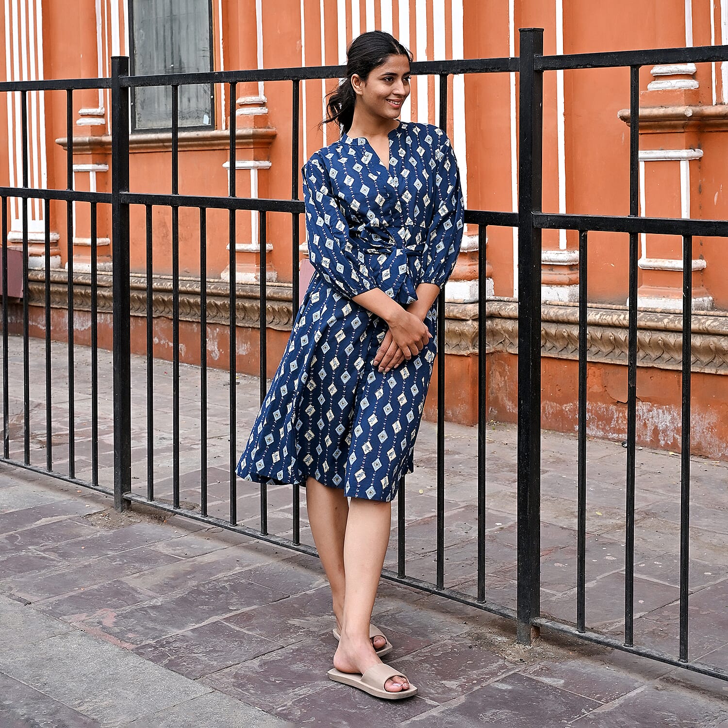 LA Marey Signature Hand Block Printed Pure Cotton Dress with Belt (Size S) - Pink, Blue and Green