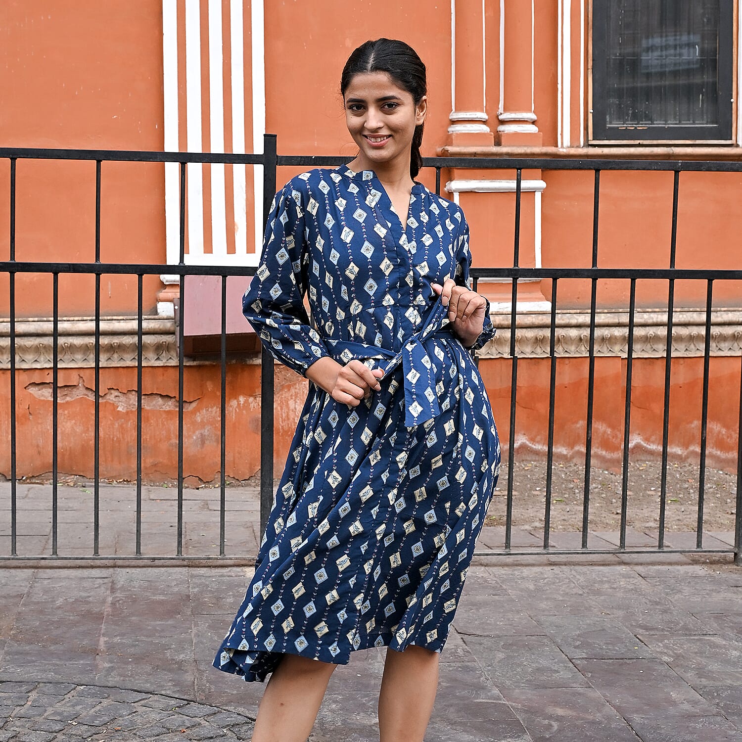 LA Marey Signature Hand Block Printed Pure Cotton Dress with Belt (Size S) - Pink, Blue and Green