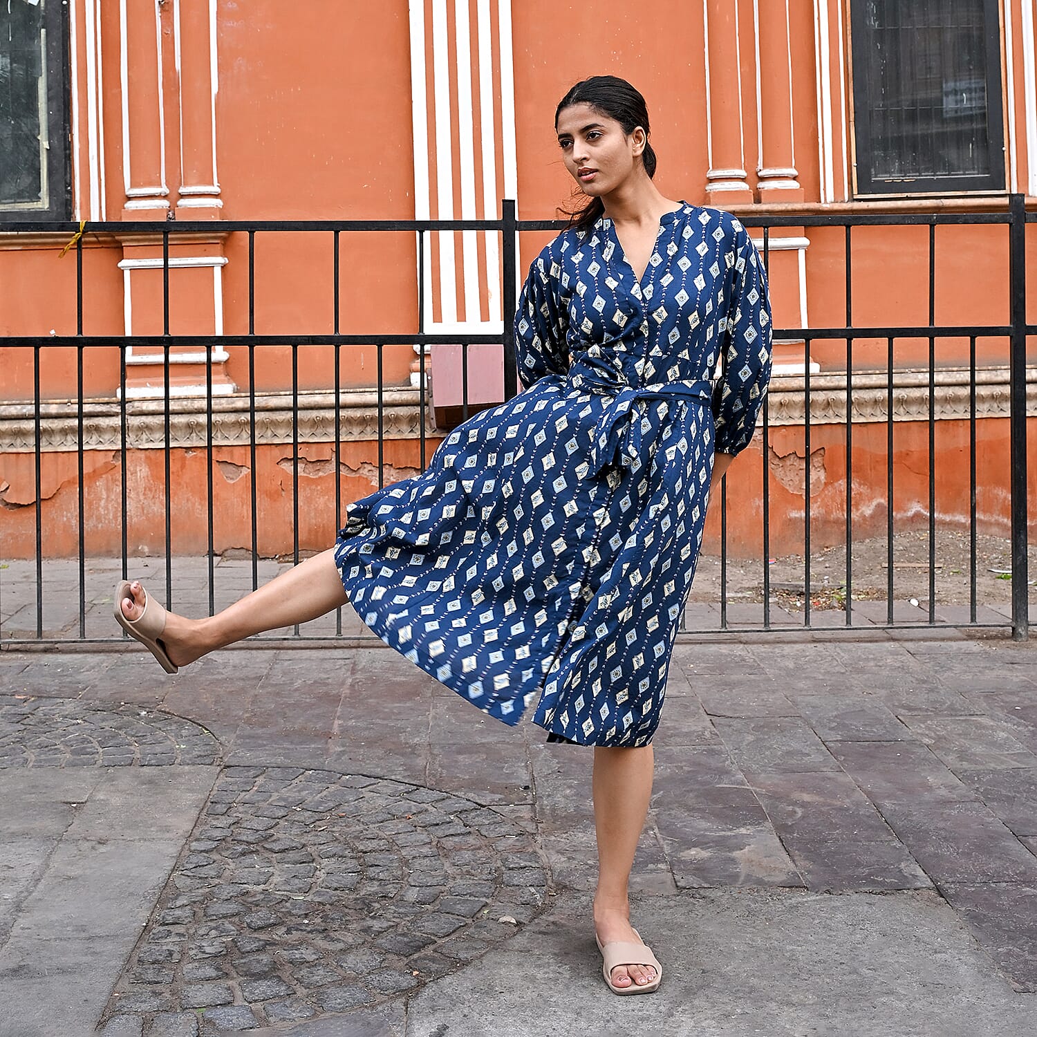 LA Marey Signature Hand Block Printed Pure Cotton Dress with Belt (Size S) - Pink, Blue and Green