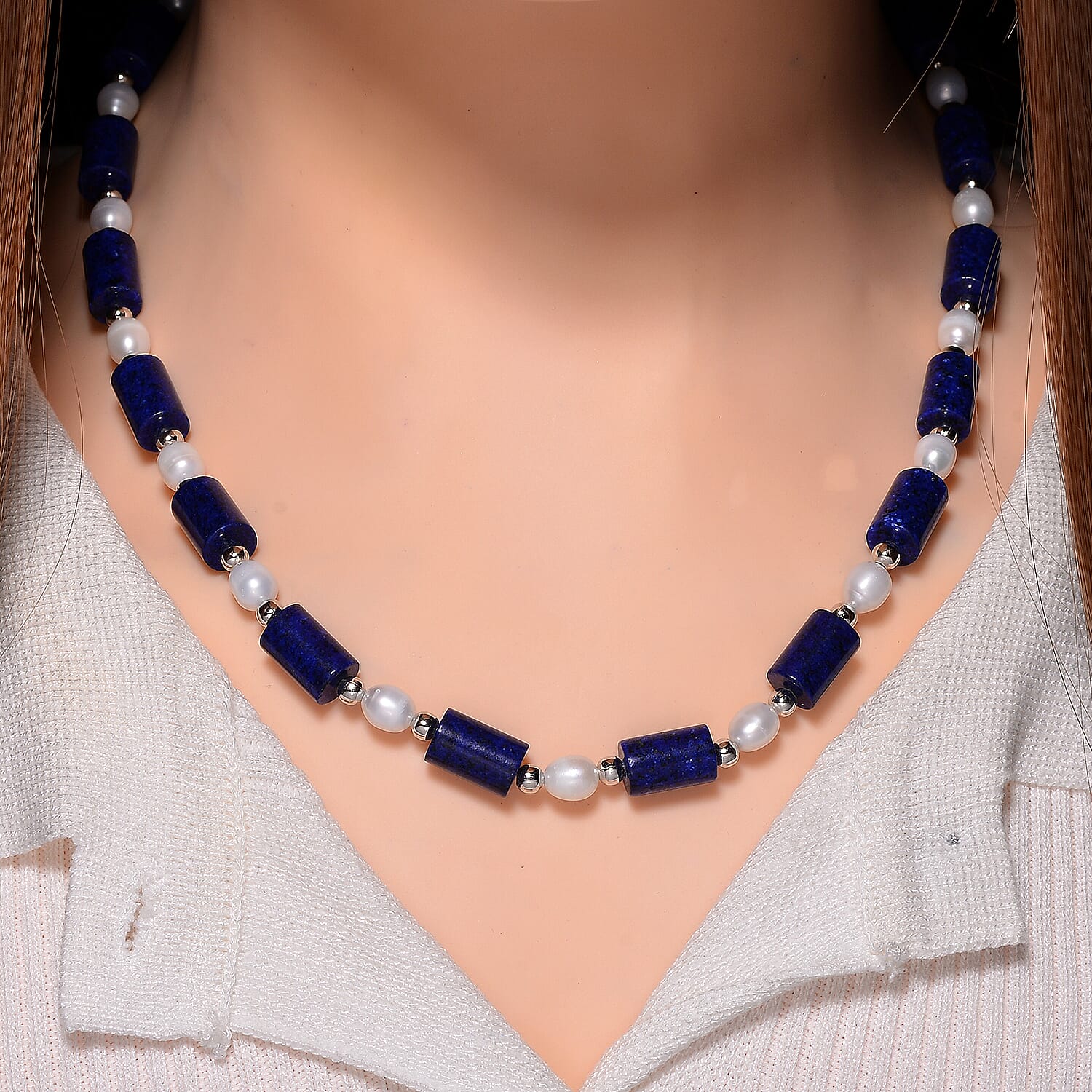 Lapis Lazuli & White Fresh Water Pearl Necklace (Size - 18-2 Ext) With Lobster Clasp 150.00 Ct.