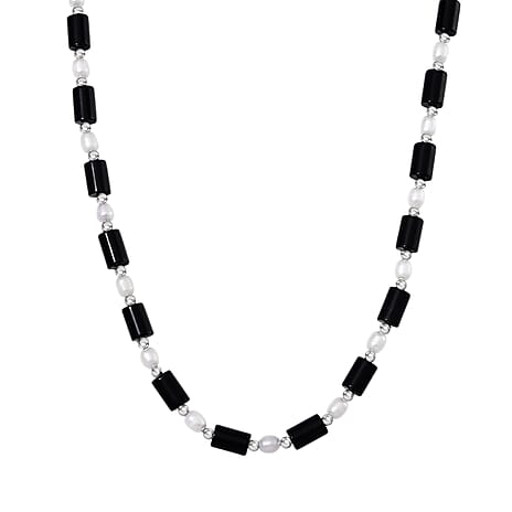 Black Obsidian & White Fresh Water Pearl Necklace (Size - 18-2 Ext) with Lobster Clasp 150.0 Ct