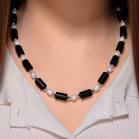 Black Obsidian & White Fresh Water Pearl Necklace (Size - 18-2 Ext) with Lobster Clasp 150.0 Ct