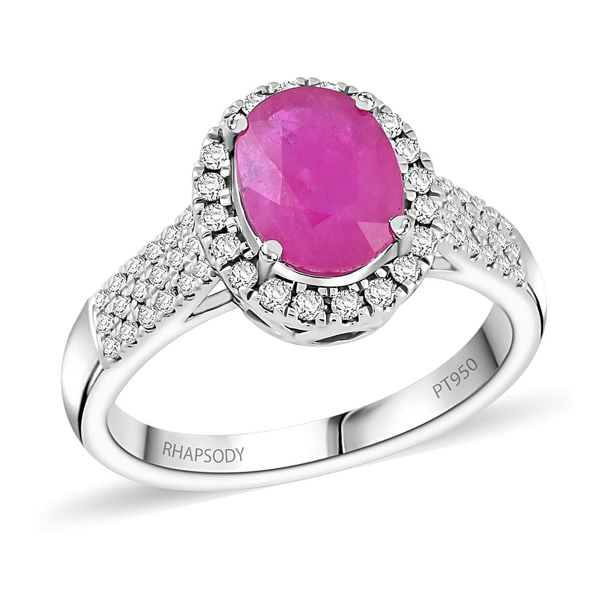 Certified & Appraised RHAPSODY 950 Platinum AAAA Mozambique Ruby, White Diamond Halo Ring 2.15 Ct.