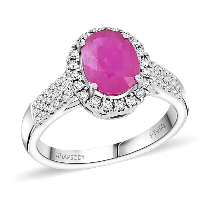Certified & Appraised RHAPSODY 950 Platinum AAAA Mozambique Ruby, White Diamond Halo Ring 2.15 Ct.