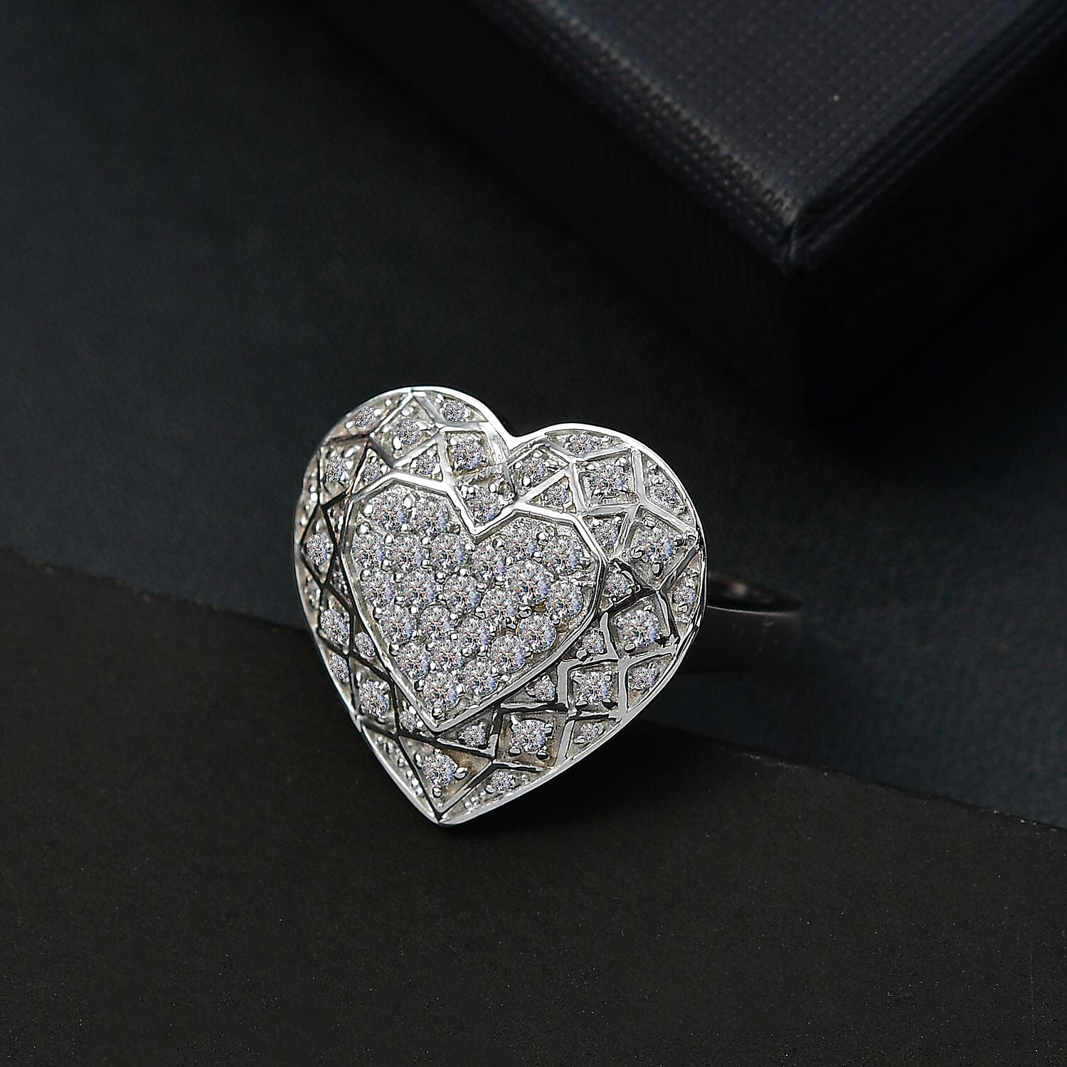 GP Amore Collection - Lab Grown Diamond SI-G-H & Blue Sapphire Ring in Rhodium Overlay Sterling Silver 1.02 Ct.