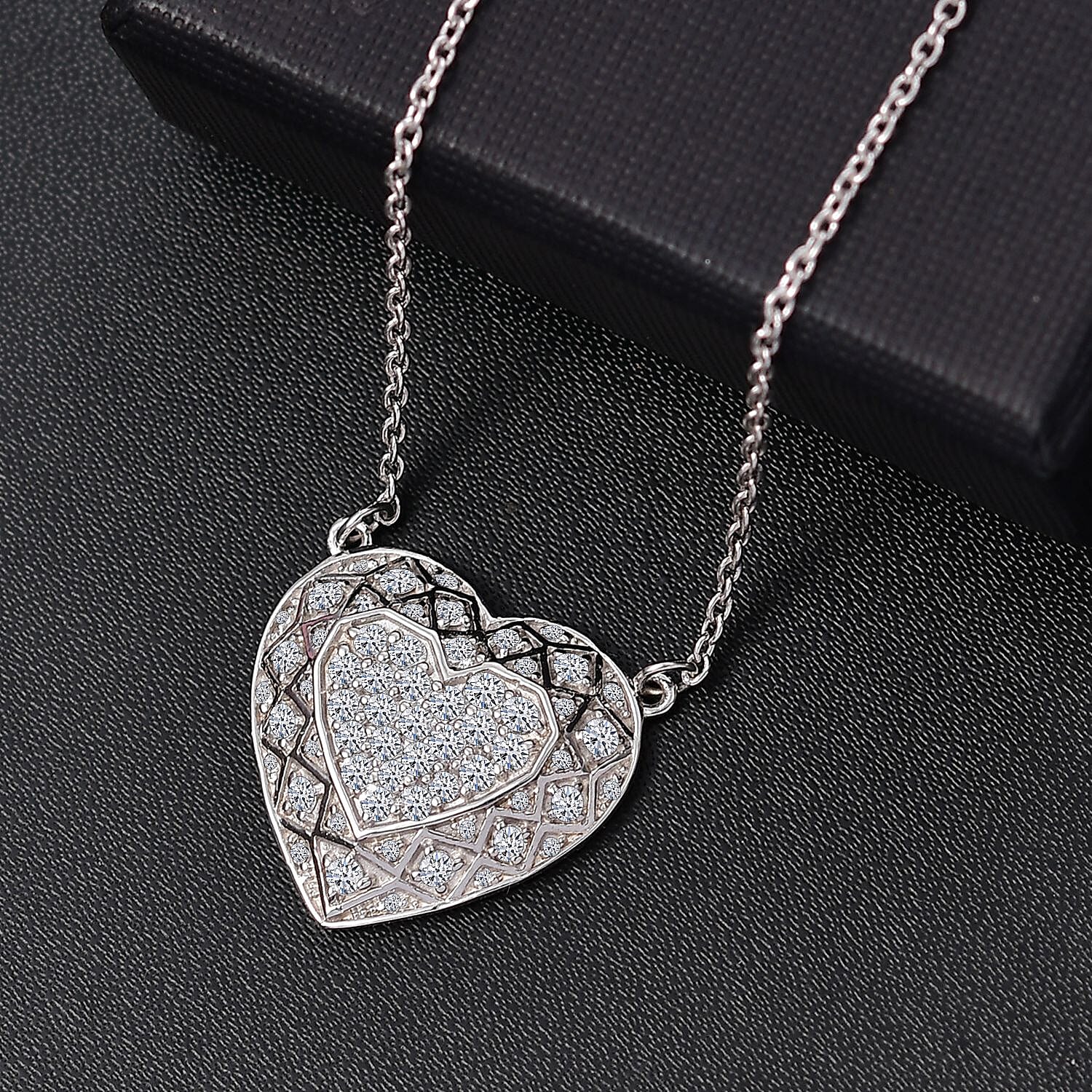 GP Amore Collection - Lab Grown Diamond (Si-GH) & Blue Sapphire Necklace (Size - 20) With Lobster Clasp in Rhodium Overlay Sterling Silver 1.02 Ct.