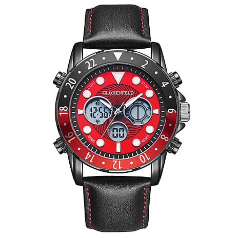 Globenfeld Quartz Movt. 3ATM WR Red Dial Mens Watch with Black Leather Strap