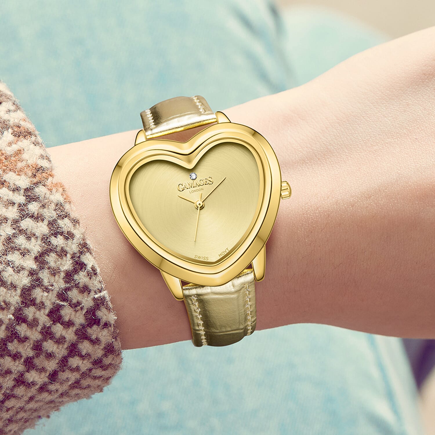 Gamages Of London Limited Edition Sweet Heart Ladies Swiss Movement Diamond Watch With Leather Strap - Champagne