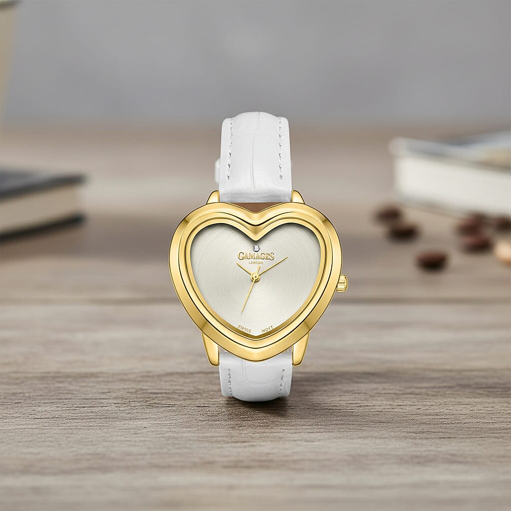 Gamages Of London Limited Edition Sweet Heart Ladies Swiss Movement Diamond Watch With Leather Strap - White