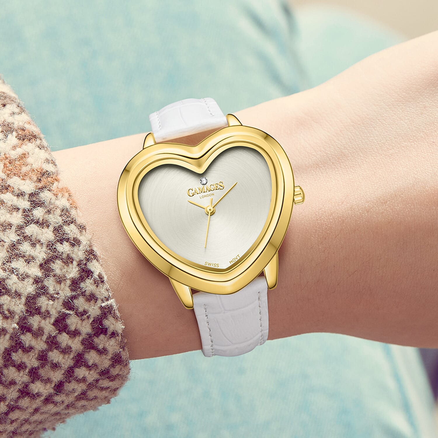 Gamages Of London Limited Edition Sweet Heart Ladies Swiss Movement Diamond Watch With Leather Strap - White