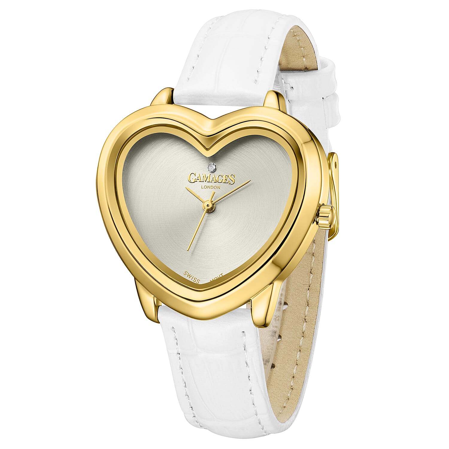 Gamages Of London Limited Edition Sweet Heart Ladies Swiss Movement Diamond Watch With Leather Strap - White