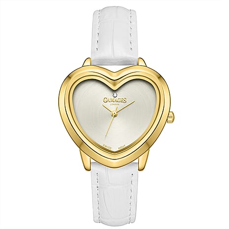 Gamages Of London Limited Edition Sweet Heart Ladies Swiss Movement Diamond Watch With Leather Strap - White