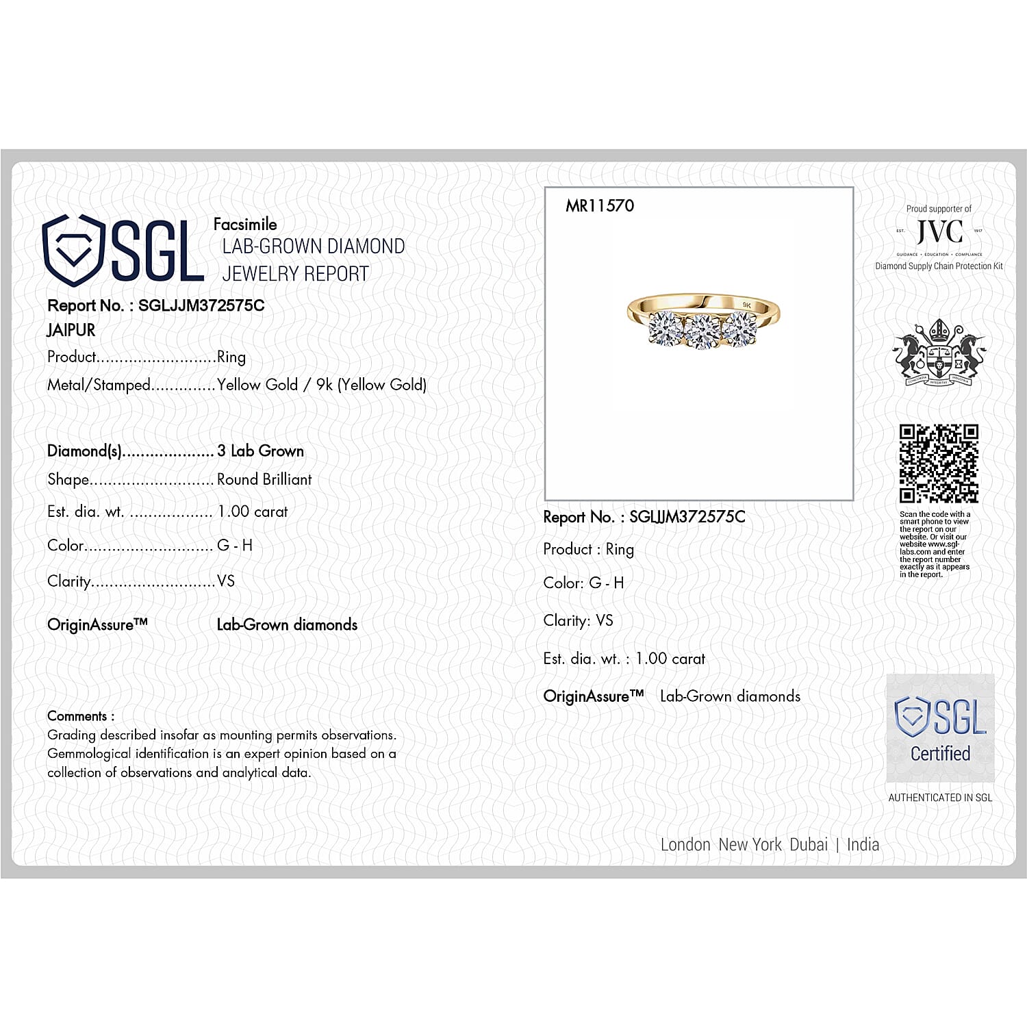 LUXURIANT SGL Certified Lab Grown Diamond (VS-G/H) 3 Stone Ring