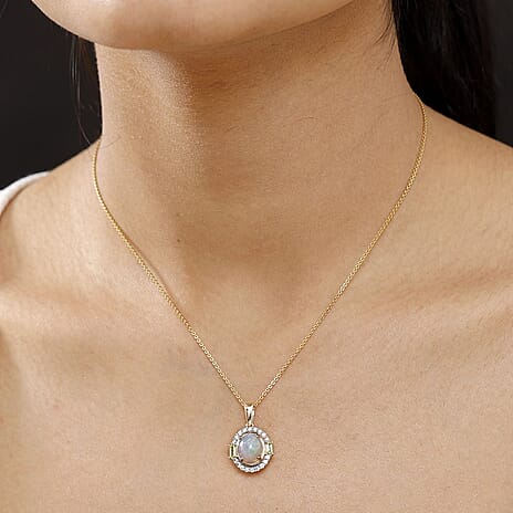 9K Yellow Gold Ethiopian Opal, Peridot & Moissanite Pendant 2.53 Ct.