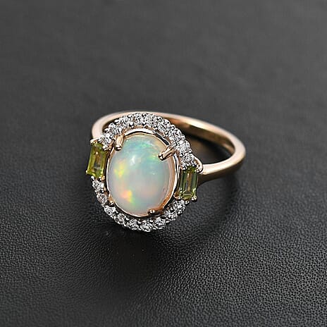 9K Yellow Gold Ethiopian Opal, Peridot & Moissanite Ring 2.42 Ct.