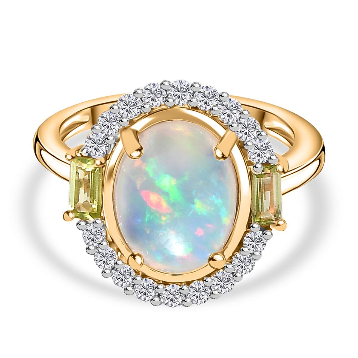9K Yellow Gold Ethiopian Opal, Peridot & Moissanite Halo Ring 2.42 Ct.