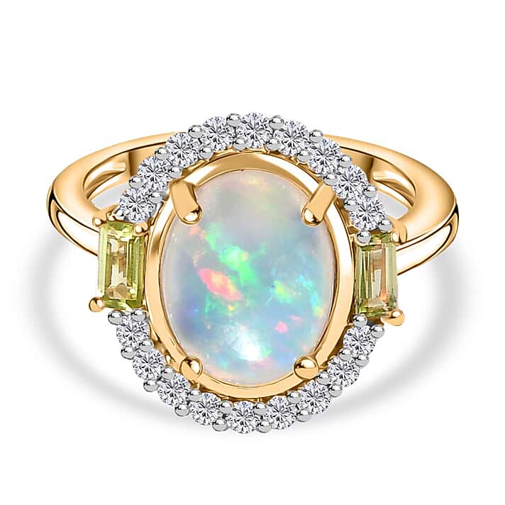 9K Yellow Gold Ethiopian Opal, Peridot & Moissanite Halo Ring 2.42 Ct.