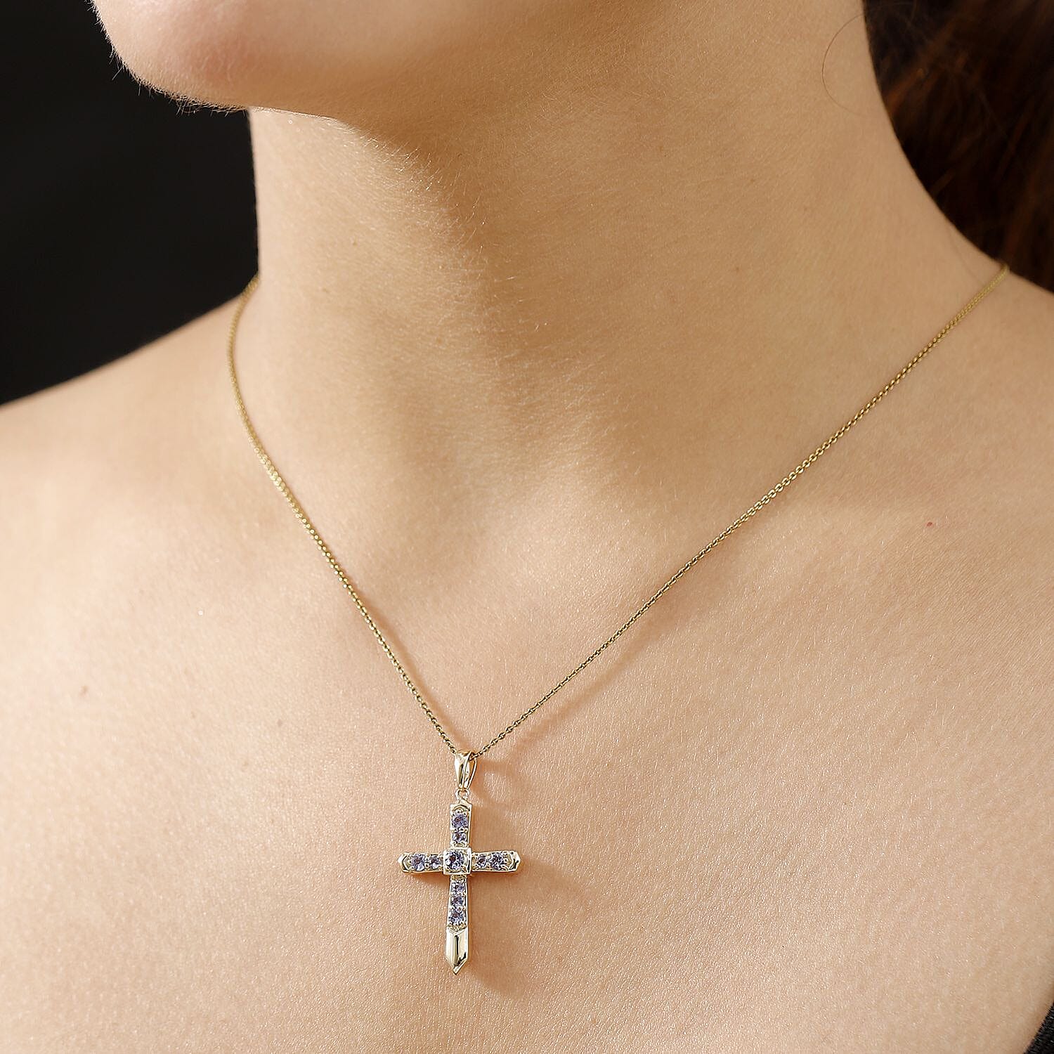 9K Yellow Gold Tanzanite Cross Pendant 0.60 Ct.