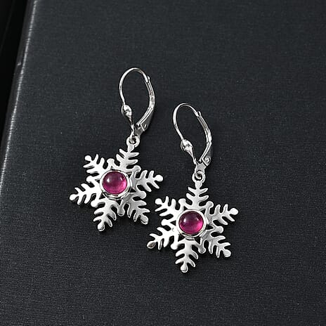 Fissure Filled Pink Ruby Solitaire Lever Back Earring in Rhodium Overlay Sterling Silver 1.83 Ct.